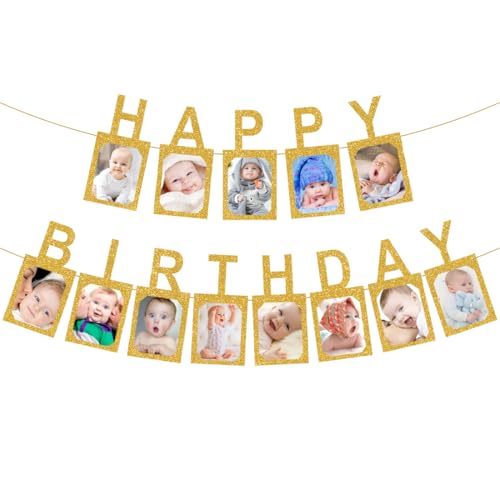Guirnalda fotográfica de cumpleaños, hilado feliz cumpleaños, dorado, adornos y suministros para primera comunión