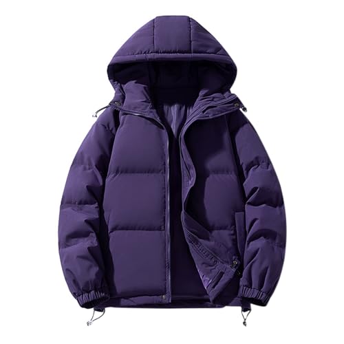 Image of DUHENWU Quilted Jacket For Women UK Hooded Puffer Down Coat Short Winter Jacket Lightweight Waterproof Jackets with Fur Hood Plus Size Trench Coat Long Sleeve Warm Outwear Jackets UK Size Purple