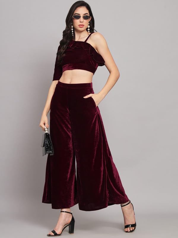 Image of Vaararo Velvet Co-Ords for Women | One Sleeve Crop Top with Palazzo Set Casual Party Dress