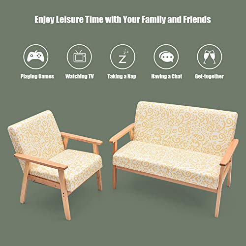 Giantex Mid-Century Wooden Loveseat Accent Chair Set, Upholstered Wooden Lounge Accent Chair W/Rubber Wood, Pretty Pattern, 2-Seat Arm Sofa Couch And Chair Living Room Furniture Set #TOP4