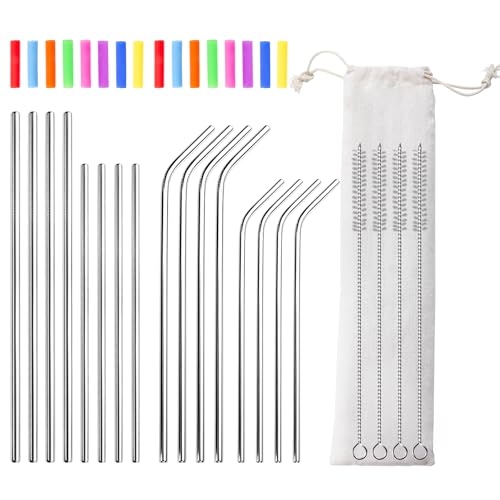 Lazycorner 16 Pcs Metal Straw Reusable 8.5" 10.5" 6mm Stainless Steel Straws for Tumblers 20oz-32oz, Silver Drinking Straws with Silicone Tips, 4 Straw Cleaner Brush, 1 Travel Case