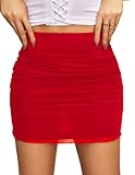 Avidlove Women's Casual Sexy Ruched Bodycon Skirt Mesh Mini Short Skirts Clubwear Red Medium