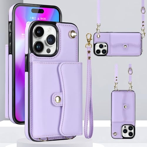 Étui portefeuille iPhone 15 Pro en accordéon violet avec bandoulière