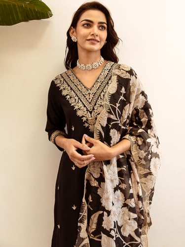Image of INDO ERA Women's Rayon Viscose Rayon Embroidered Straight Kurta & Salwar with Dupatta Set
