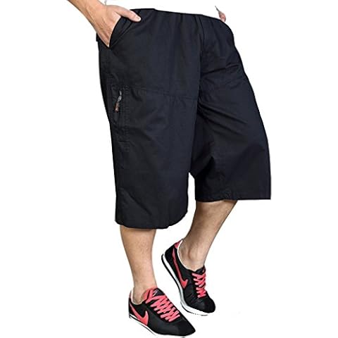 YangguTown YGT Men's Elastic Waist Capri Cargo Pants Cotton Lightweight Loose Fit Short Black Cover
