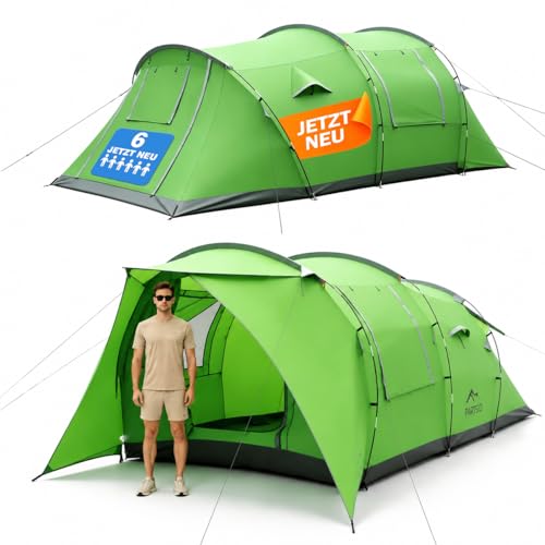 Zelt 6-7 Personen 4000 mm Wassersäule & eingenähte Bodenwanne Stehhöhe Eingang mit Fliegengitter Sonnendach & Privatsphäre-Trennvorhang XXL Familienzelt Tunnelzelt für Camping Reisen Festival