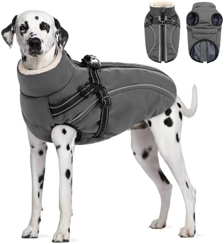 CITÉTOILE Wasserdichter Winter Hundemantel mit Geschirr Fleece Grau XL | Warme Hundejacke mit Reißverschluss, Wintermantel mit Reflektorstreifen für kleine Mittel Große Hunde, mit