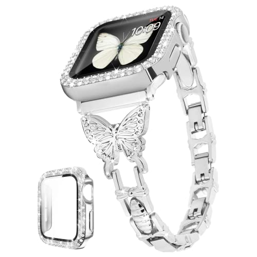 G-ficu Butterfly Band Compatible with Apple Watch Band 40mm with Bling Case iWatch Series 6 SE 5 4, Cute Slim Metal Jewelry Bands for Women, Fancy Rhinestone Diamond Dressy Strap (Silver)