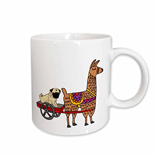 3dRose Cute Funny Pug in Red Wagon Pulled by Llama Cartoon 11oz Mug