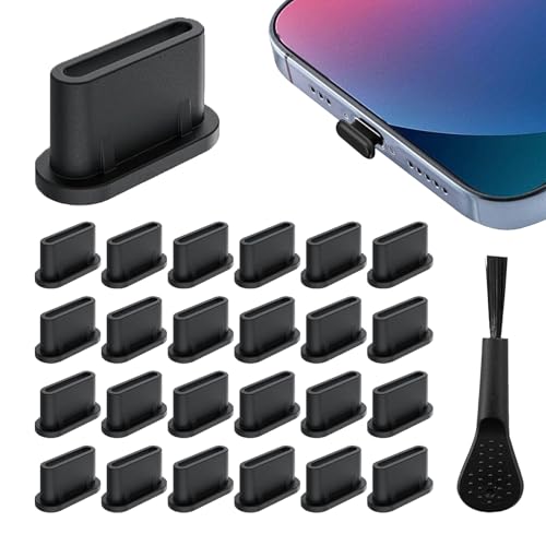 25 pcs USB Type C Anti Dust Cap Cover Port Plugs Protector,usb c dust cover,Silicone Type-C charger protector,usb c dust plug with Cleaning brush for All Type-C Smartphones and Tablets - Black
