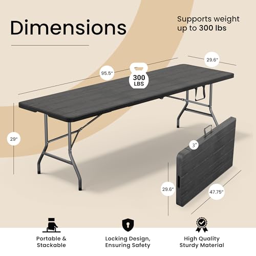 2 PACK of 8 Feet Foldable Table with Built in Handle & Steel Legs | 8 FT Heavy Duty Portable | Perfect for Party, Dining, Wedding, Events, Picnic Indoor, Outdoor, Camping, Temporary - 8 Foot