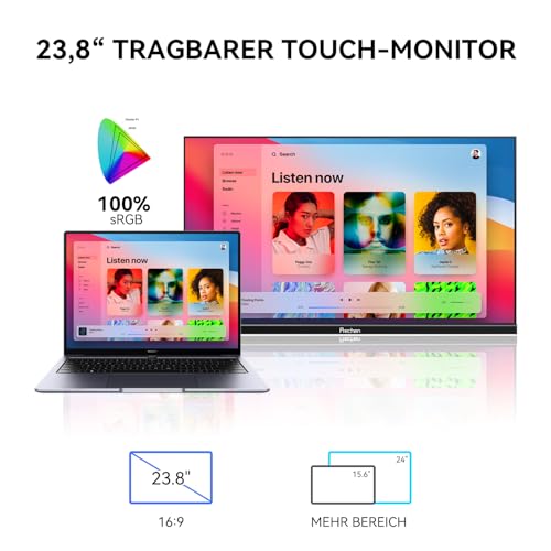 23,8 Großer Portable Touchscreen-Monitor, 100% sRGB VA FHD 1080P, 4000:1 Kontrast, VESA, Lautsprecher, 90° Verstellbarem Ständer, USB-C HDMI, 75Hz Tragbarer Touch Bildschirm für Laptop/PC/Smartphone