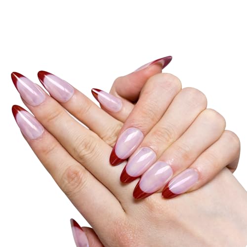 Glossy Glazed French Tip Press-On Nails – Medium Almond Shape | Effortless Salon Look in Minutes | 30-Piece Reusable Nail Kit with Glue | 15 Sizes for a Perfect Fit(Rosy Nude Ombre)
