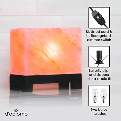 D'aplomb 100% Authentic Natural Himalayan Salt Lamp; Hand-Carved Modern Rectangle Rare Pink Crystal Rock Salt From The Himalayan Mountain; Footed Wood Base, Dimmer Cord + Extra Bulb; 11.5 Lbs #TOP5