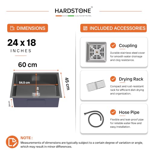 Image of HARDSTONE Premium Kitchen Sink | Single Bowl 24x18x9 Inch | Handmade Heavy Duty Stainless Steel Kitchen Basin with Matte Black Finish | Includes Waste Hose Pipe, Coupling & Compact Drying Rack | BLACK