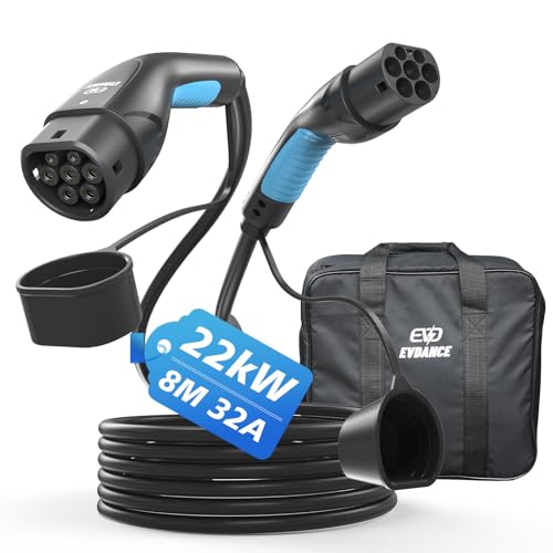 EVDANCE Câble de Recharge Type 2 22KW 32A 8M Mode 3 Triphasé Chargeur Voiture Electrique Type 2 à Type 2 EV/PHEV avec Sac de Transport pour 3/S/X/Y et Tous Les BEV/PHEV avec Prises de Type 2 et CCS 2