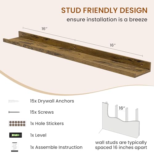 Axeman Picture Ledge Shelf, Floating Shelves for Storage Set of 6, 36 inch Floating Wall Mounted Shelves, Wall Shelves with Lip for Living Room, Bedroom, Nursery, Bathroom, Kitchen, Rustic Brown