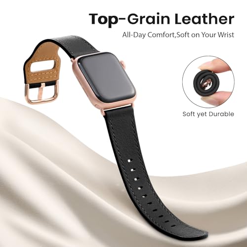 POWER PRIMACY Leather Bands Compatible with Apple Watch Band 38mm 40mm 41mm 42mm-Series 11/10,Genuine Leather Strap Compatible for Women Men iWatch SE Series 11 10 9 8 7 6 5 4 3 2 1(Black/Rosegold) by POWER PRIMACY - Image 4