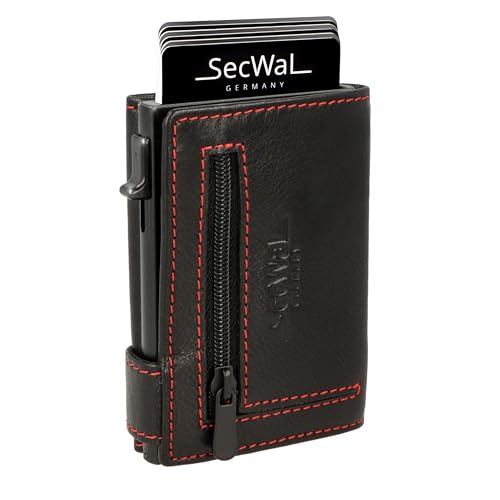 SecWal Kartenetui mit Münzfach Reißverschluss - Made in Germany - Echtleder Geldbörse inkl. E-Book für Damen und Herren - RFID Schutz Portemonnaie Leder - Geldbeutel klein (Schwarz-Rot)