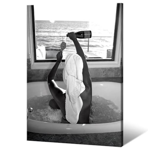 Trendy Black and White Posters Funny Woman Drinking Wine in Bathtub Wall Art Funky Girl Room Decor Fashion Vintage Bar Cart Canvas Prints for Girls Dorm Bathroom Apartment Aesthetic 16x24in Framed