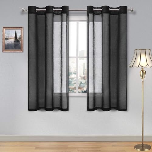 DWCN Black Sheer Curtains for Living Room Bedroom and Funeral/Gothic Wedding - Faux Linen Look Voile Drapes Grommet Top Window Curtain Panel 42 x 54 Inch Length, Set of 2