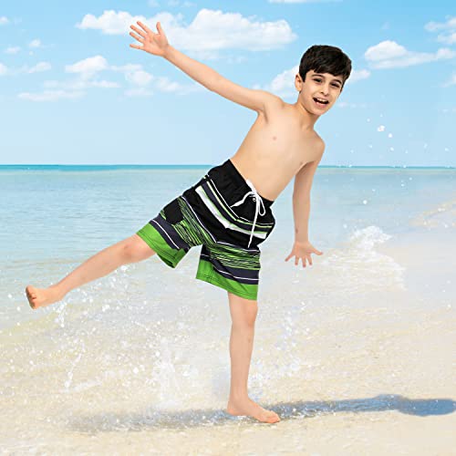 Sloosh Boys Swim Trunks, Quick Dry Drawstring Upf 50+ Kids Swim Shorts, Toddler Beach Shorts, Boardshort, Boy Swimwear (Black & Green Stripe, 1012) #TOP5