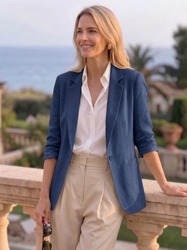 Image of Mina Self 2026 Summer Women's Linen Blazer Jacket - Lightweight Breathable 3 /4 Stretchy Ruched Sleeve Casual Work with Pocket