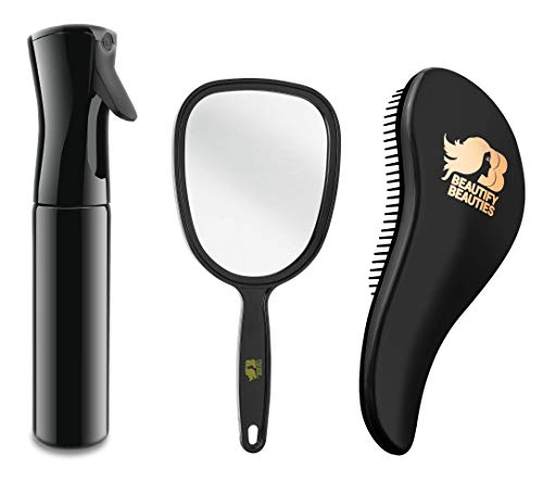 Beautify Beauties Hair Styling Kit, Continuous Hair Spray Mist Bottle, Portable Vanity Handheld Mirror, Detangling Brush for Natural Curly Straight Wet Dry Hair