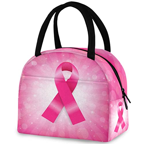 ZzWwR Pink Breast Cancer Ribbon Reusable Lunch Hand Bag with Front Pocket Insulated Thermal Zipper Closure Cooler Container Bag for School Work Picnic Travel Fishing Beach (0g280854933p407c442s828)
