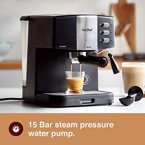 VonShef Espresso Machine, 15 Bar Pressure Pump  Barista Coffee Maker with Milk Frother for Latte, Cappuccino, Americano, Flat White and More  Black/Silver