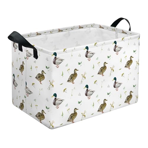 Imvertu Mallard Duck Storage Basket, Collapsible Waterproof Canvas Organizer Bin, Funny Rectangular Kids Toys Storage Box Cute Mallard Duck Decor, Shelf Baskets for Closet Bedroom Office Dorm (Brown)