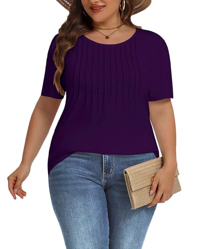 Image of Plus Size Tops for Women Pleated Summer Top Trendy Short Sleeve Shirts Casual Basic Tee Crew Neck Blouses 2026