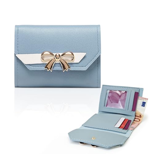 Women Purse Bifold Slim Leather Purse Soft Ladies Wallet with Bowknot and Buckle Women’s Wallet with ID Window (Blue)2