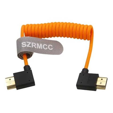 SZRMCC 8k 2.1 HDMI to HDMI Ultra High Speed Coiled Braided Cable for Z Cam E2 Sony FX6 FX9 Canon EOS C70 C300 Portkeys BM5 Atomos Ninjav V Shogun Monitor Left Right Angle Cover
