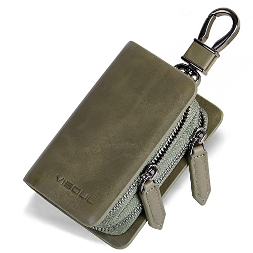VISOUL Leder Autoschlüssel Schlüsselanhänger Hülle Halter für Männer und Frauen, Doppelreißverschluss Schlüsseltasche Tasche mit Schlüsselanhänger und Fernbedienung Metallhaken, Hellgrün, Standard Cover