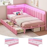 DICTAC Twin Corner Bed Frame with 2 Storage Drawers and Charging Station Velvet Girls Platform Bed Frame Twin...