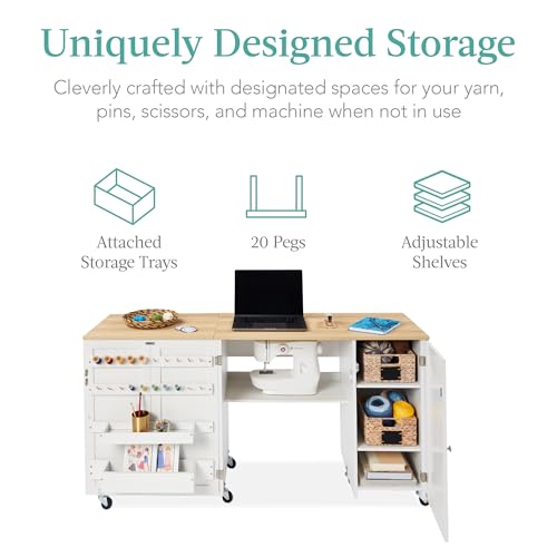 Best Choice Products Large Folding Sewing Table, Multipurpose Portable Craft Station & Side Desk w/Compact Design, Caster Wheels, Storage Shelves, 2 Storage Trays, Magnetic Doors - Natural/White - Image 2