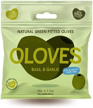 OLOVES Green Greek Pitted Olives | Basil & Garlic | Vegan, Kosher, Gluten Free + Keto Friendly, Fresh, All Natural Low Calorie Healthy Snacks | (30 Pack, 1.1oz Bags)