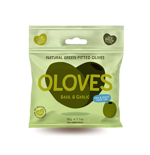 Oloves Green Greek Pitted Olives | Basil & Garlic | Vegan, Kosher, Gluten Free + Keto Friendly, Fresh, All Natural Low Calorie Healthy Snacks | (30 Pack, 1.1Oz Bags) #TOP9