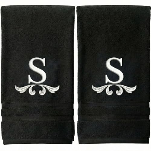 Monogrammed Hand Towels , Personalized Gift, 16 x 29 Inches - Set of 2- Gold Embroidered Towel - Extra Absorbent 100% Cotton- Soft Cotton - For Bathroom/ Kitchen/ Spa- Initial S (Black-White)