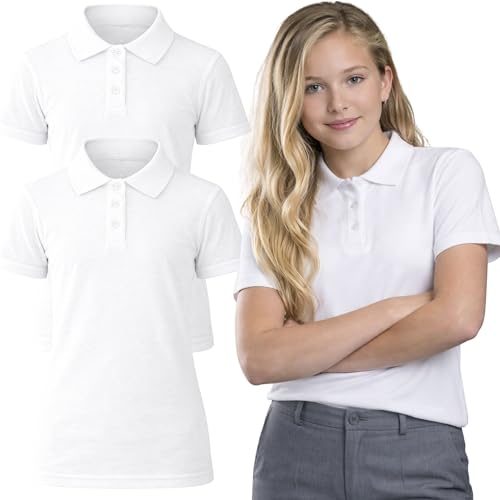Panzy 2 Pack Girls Plain 100% Cotton Polo Shirts Children School T-Shirt Uniform Summer Ages 3-10 Years (UK, Age, 8 Years, 9 Years, Regular, White)