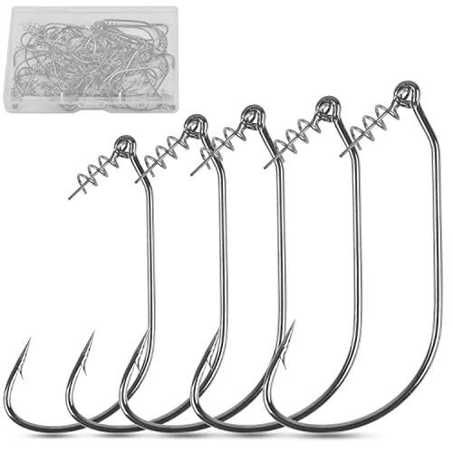 Twistlock Fishing Hooks - 50Pcs Bass Fishing Worm Hooks With Centering Spring Pin Swimbait Hooks For Soft Plastics Lures Baits Saltwater Freshwater Size 1/0 2/0 3/0 4/0 5/0 #TOP6