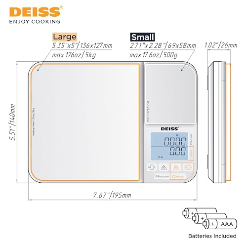 Deiss PRO Dual Platform Digital Kitchen and Food Scale - 11lb Capacity & 17.6oz Capacity Precision Kitchen Scale, Digital Scale for Baking, Cooking, Meal Prep, Food Scales Grams and Ounces by Deiss - Image 9