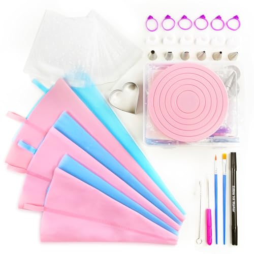 Cookie Decorating Supplies Kit 82Pcs With Storage Box, Sugar Cookies Turntable Set With 6 Piping Tips and Bags, Scribe Needle, Brush, Ideal Beginner Decorator Lover Kids Gift Valentine Halloween