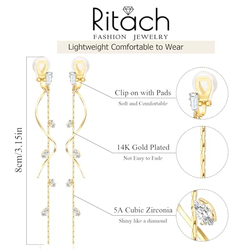 Gold/Silver Clip on Earrings Non Pierced for Women - 14K Gold Plated Long Tasse Drop Dangle Clip Earrings - Cubic Zirconia Leaf Earrings for Women Gold Wedding Jewelry Gifts2
