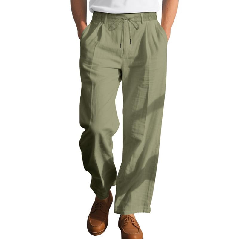 Men's Linen Drawstring Pants Lightweight Breathable Loose Fit Summer Beach Casual Trousers with Pockets
