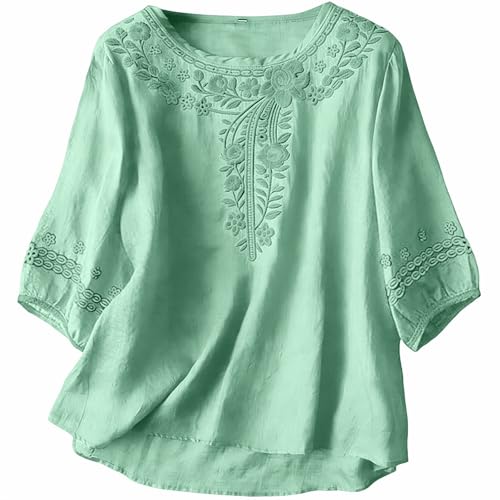 Embroidered Gauze Linen Tops for Women Loose fit Ladies Boho Cotton Tops and Blouses Light Weight Gauze Tunic top Linen t Shirt for Women 3/4 Sleeve Spring Capsule Wardrobe Outfits 2026 Black