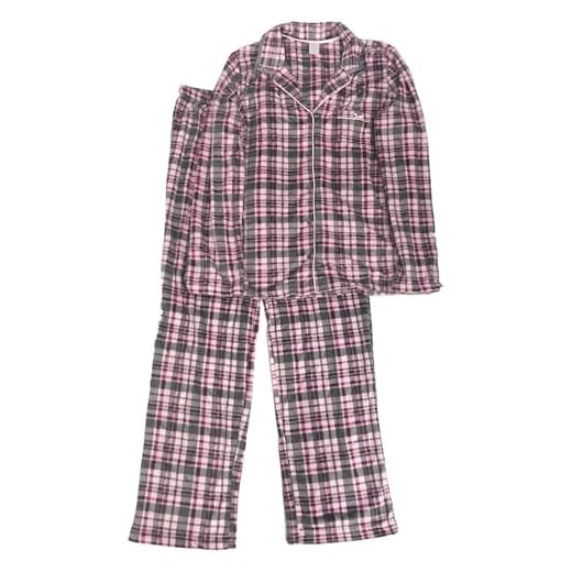 Adonna Womens Pink Purple & Gray Plaid Fleece Pajamas Lace Trimmed Sleep Set Small