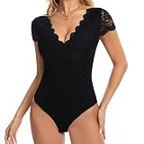 Joyshaper Body Damen Spitze Sexy Tiefer V-Ausschnitt Kurzarm Bodysuit Elegant Spitzenbody Oberteile Bluse Schwarz,L