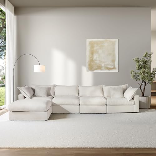 ModernMate 158'' Sectional Couch L-Shape, Down Filled Comfy Modular Sectional Sofa with Deep Seat, Modular Couch 4 Seater with 4 Pillows & 1 Storage Ottoman for Living Room, Cover Washable, Beige